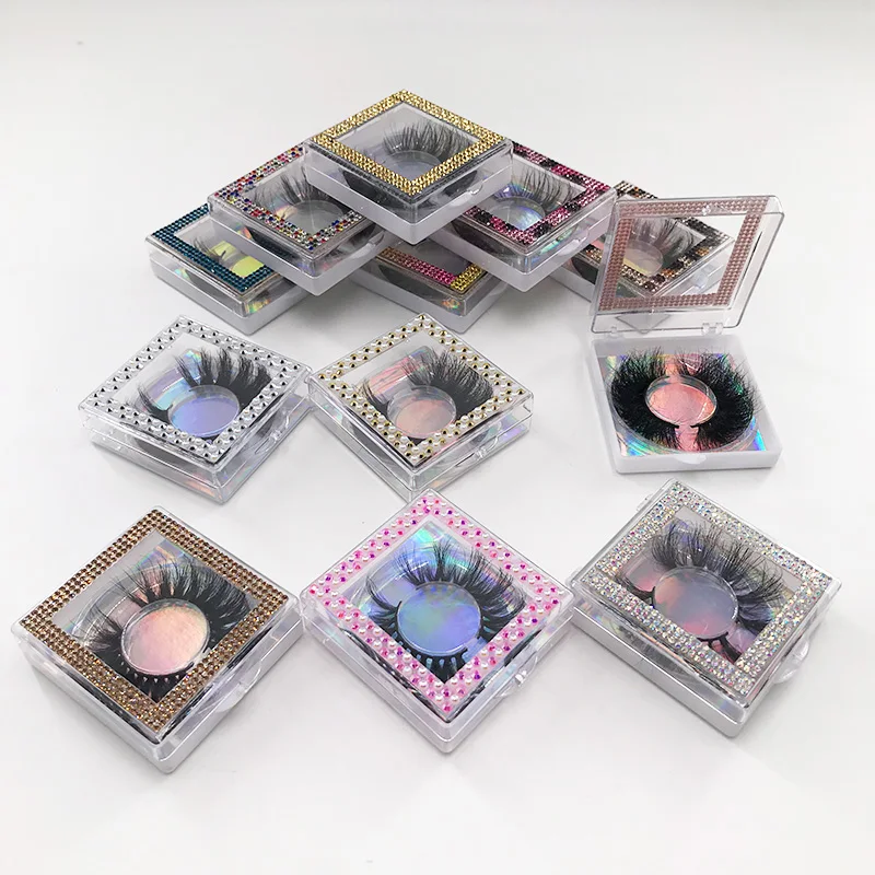 

Custom Eyelash Packaging Pearl Rhinestone Square Lash Box Dramatic Fluffy 25mm Mink False Eyelashes, Natural black