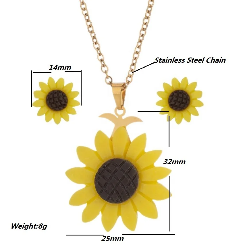 

Fashion Punk Sunflower Necklace Earrings Set You Are My Sunshine Stainless Steel I Love You Accessories Jewelry, Gold color