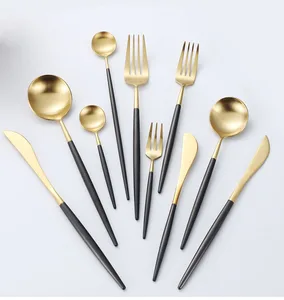 Image of Hot-selling high quality home table use black gold spoons and forks cultury set stainless steel