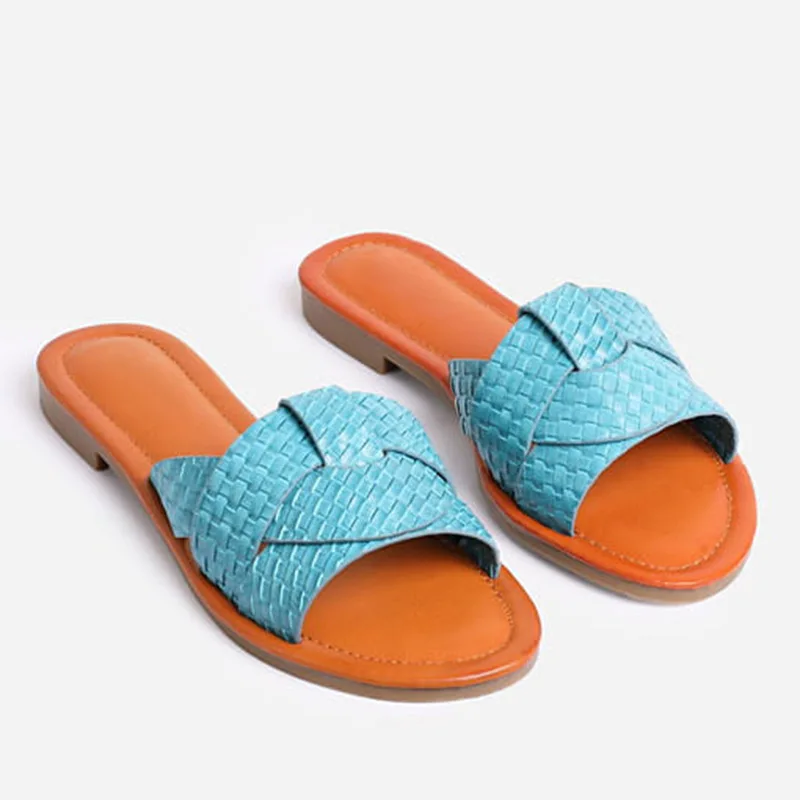 

Dropshipping Ladies Summer Slippers Solid Color Plaid Plus Size Round Head Flat Non-slip Women Slippres 2021