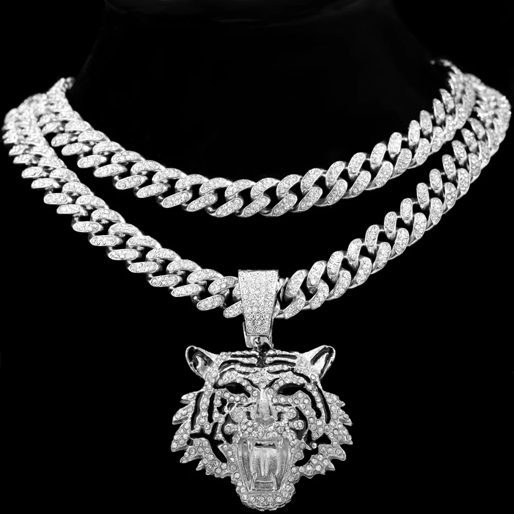 

Bling Zircon Iced Out Enamel Tiger Choker Necklace Jewelry Mens Hip Hop Cuban Chain Stainless Steel 3D Tiger Pendant Necklace, Gold silver plated