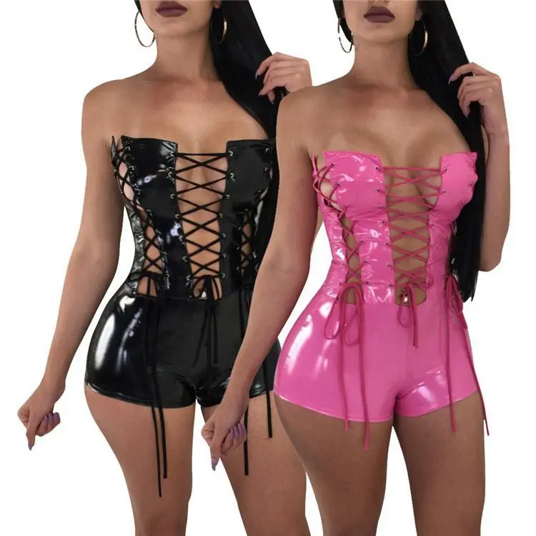 

Latest Design Ladies Sexy Bodycon Leather Jumpsuit Strapless Grommet Lace Up Women One Piece Short Jumpsuits And Rompers