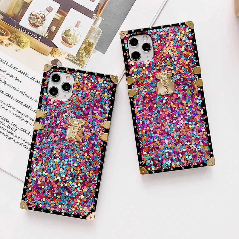 

luxury design leather trendy phone cases for iphone 11 12 pro max,for iphone 12 case gold bling square