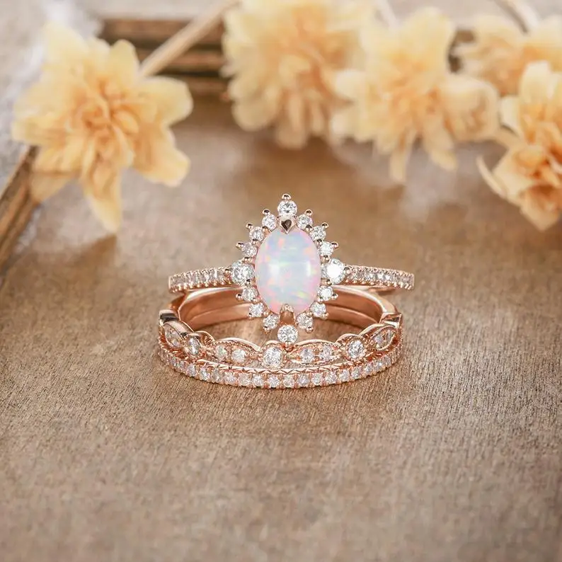 

New rose gold finger ring lace inlaid with zircon opal women's engagement ring jewelry