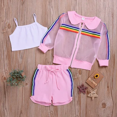 

Girls 2021 summer new fashion female baby casual sports three-piece jacket zipper suit summer trendy clothes, Photo color