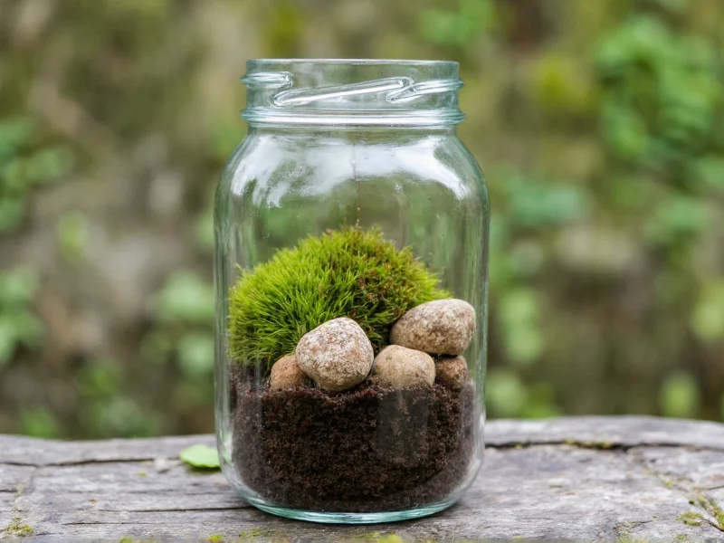 Recycled glass jar terrarium with moss and dawn-colored stones