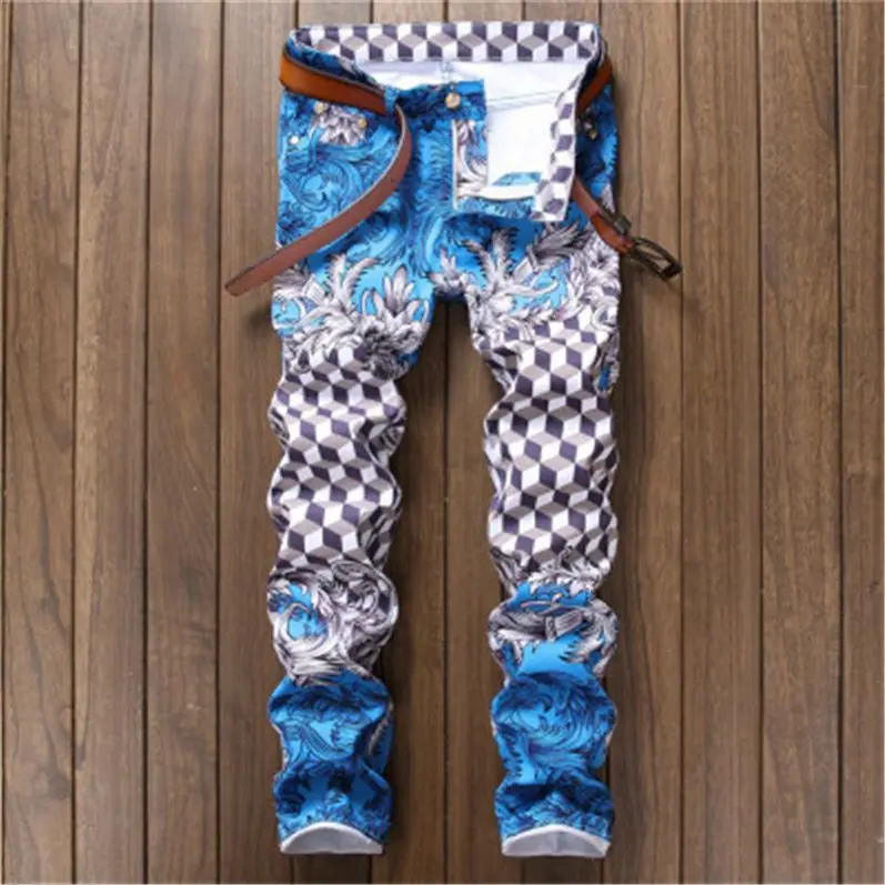 

Wholesale Trendy Men's Three-Dimensional Personality Print Show Nightclub Slim Stretch Jeans Flower Pants, Customized color