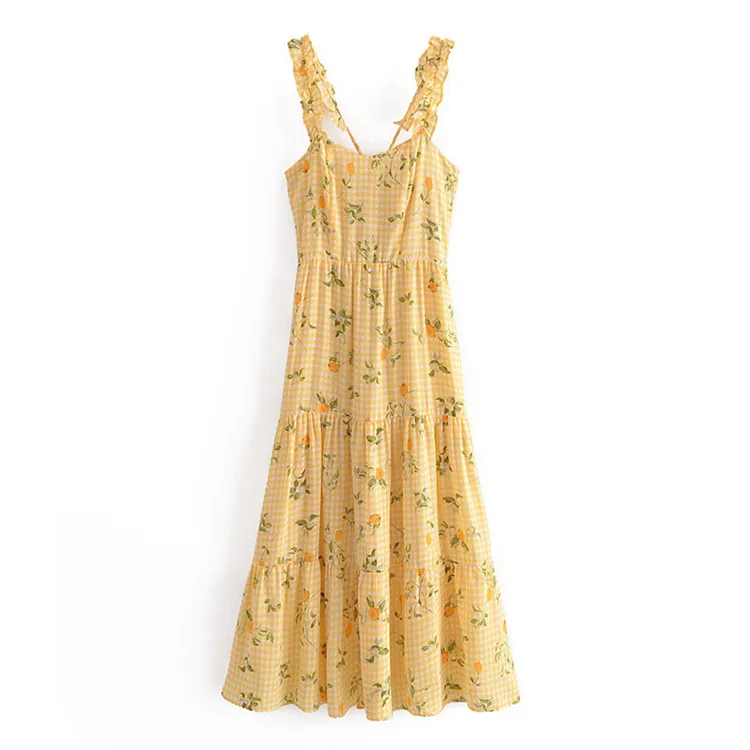 

Za Women 2021 New Chic Fashion lattice Print Midi Dress Vintage Backless Thin Straps Back zipper Female Dresses Vestidos, Picture color