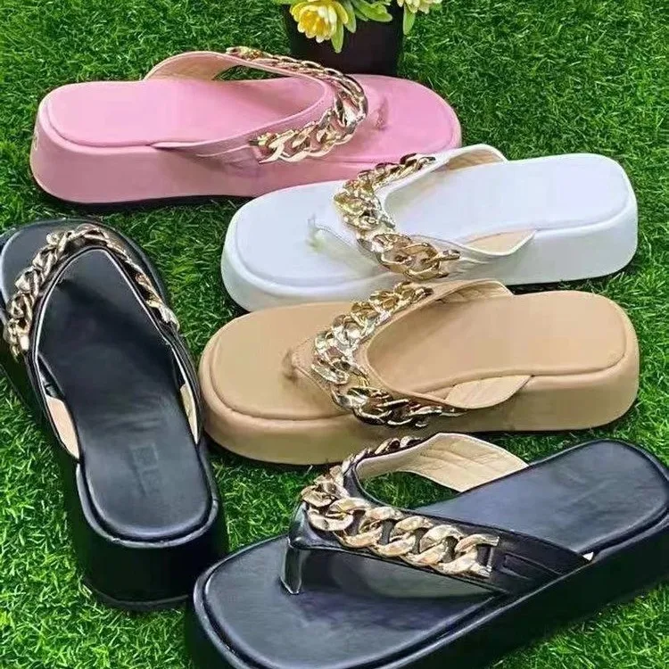 

New arrivals 2021 summer female sandals with the chain women beach platform flip-flops slippers, Black,white,beige,orange