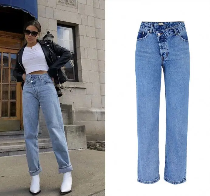 

Hot sale design ladies bell bottom denim pant casual irregular high waist loose straight jeans woman