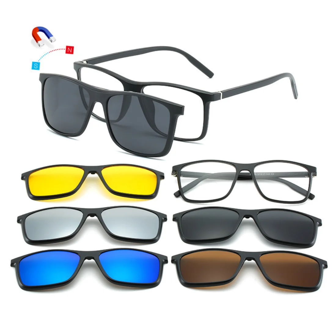 

2021 New 5 in 1 Magnet Eyeglasses Frames Interchange Lenses Sunglass Magnetic Polarized Clip On Glasses