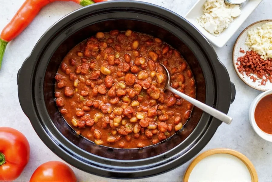 Easy crock pot chili recipe showing finished product in slow cooker with ingredients arranged around it