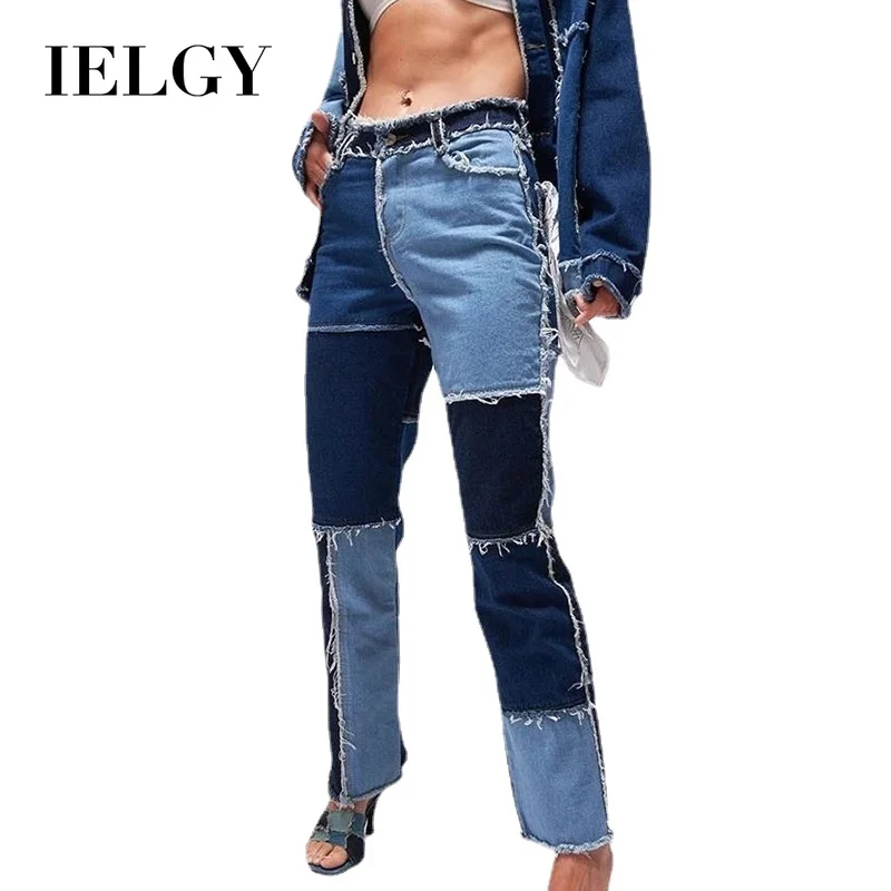 

IELGY hot sale amazon wish aliexpress ebay ladies high elastic jeans stitching trousers raw edge women's straight pants women