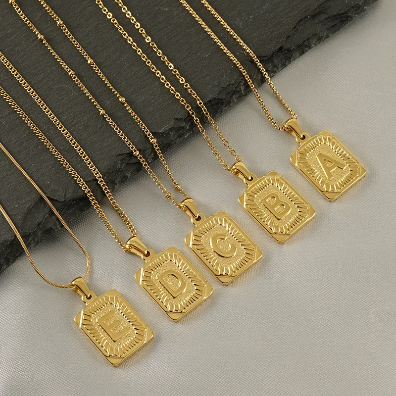 

Fine Jewelry 18K Gold Plated Square Alphabet Pendant Necklace No Fade Stainless Steel Initial Letter Necklace