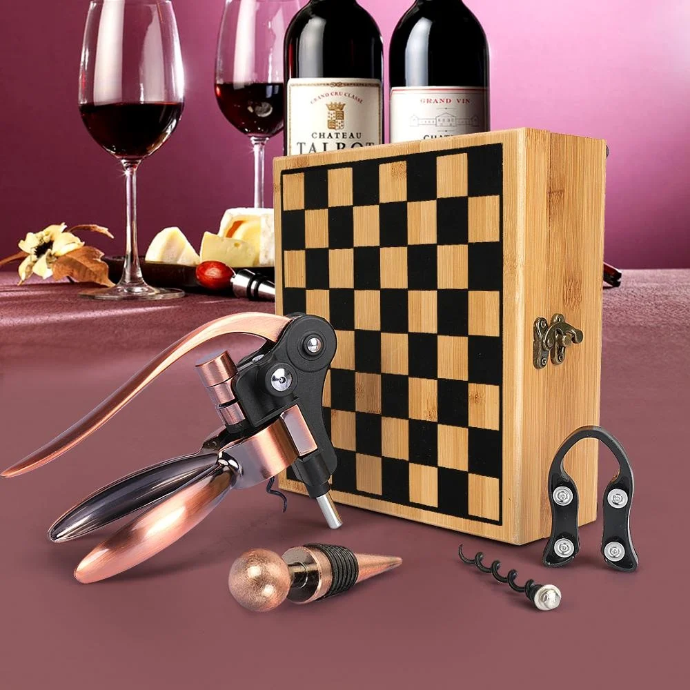 
Factory supply high quality bamboo box wine accessories gift set rabbit wine opener and wood chess gifts set 