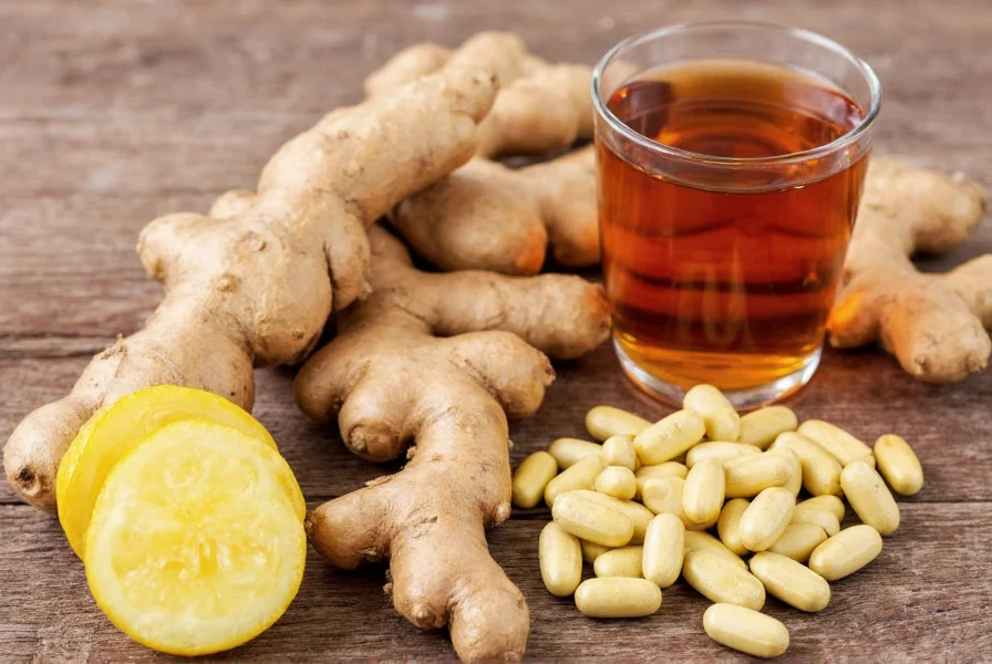 Various ginger preparations for acid reflux including fresh root, tea, and capsules arranged on wooden surface