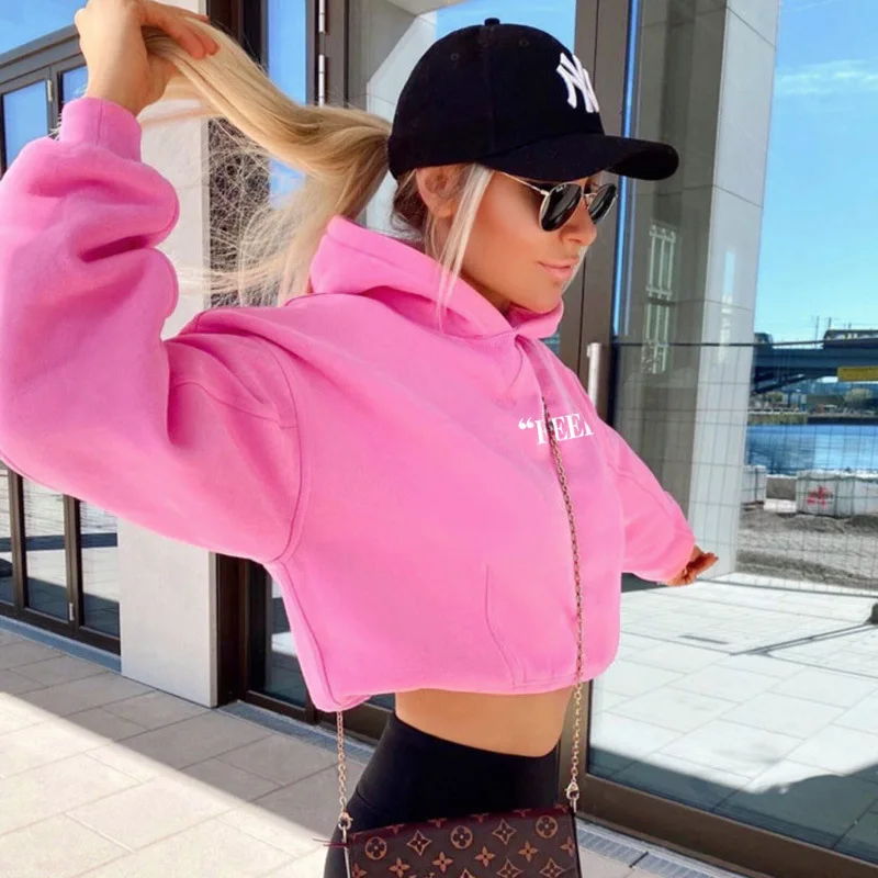 

Fashion Women Clothing Solid Letter Printing Crop Top Hoodie Casual Sport Sweater Women's Tops