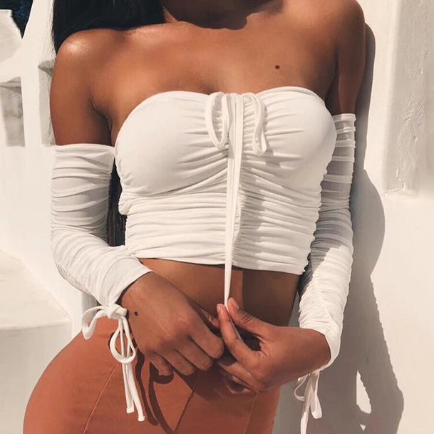 

X00845C Off Shoulder Crop Tops Casual Ruched Pleated White T-shirt Cropped Tshirt Women Short Sleeve for Women Black Vintage