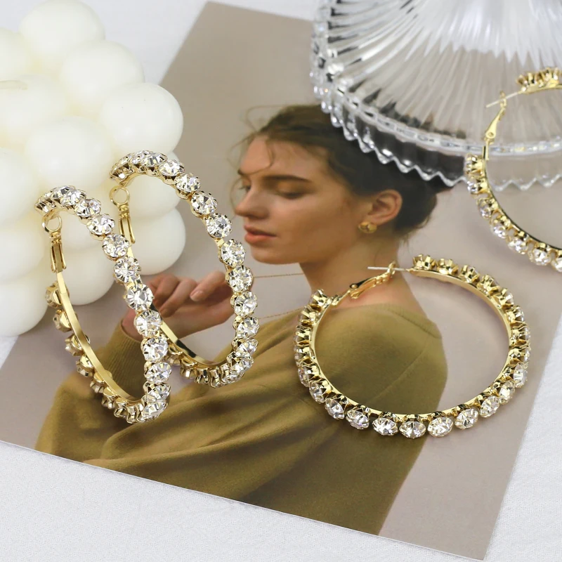 

Vershal Fashion Korean Glitter Rhinestone 925 Silver Earrings Luxury Big Hoop Earrings Jewelry For Women
