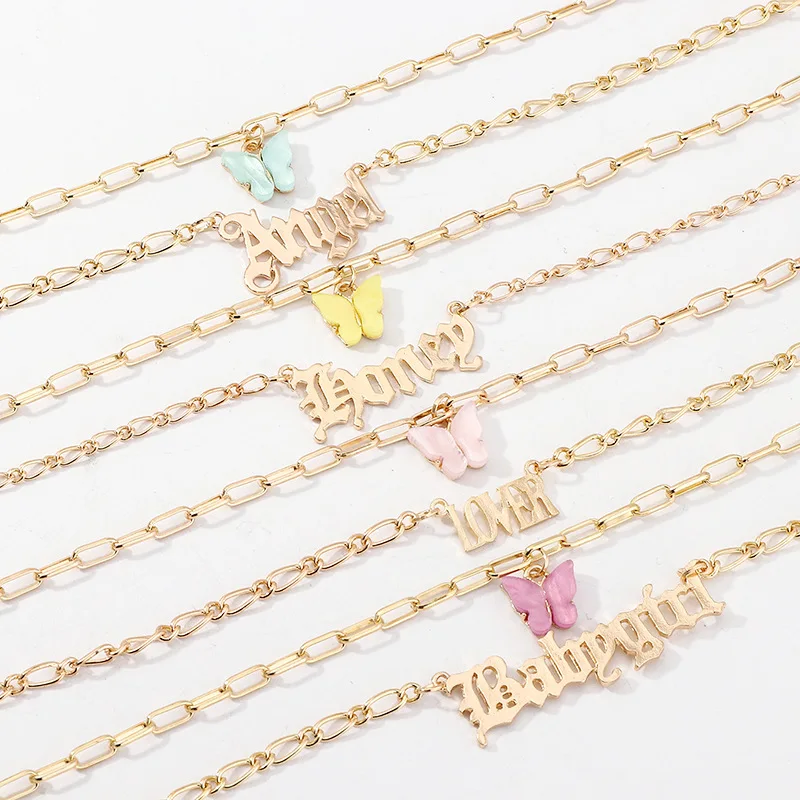 

wholesale fashion acrylic butterfly gold letter double layer necklace for women female angel lover pendant necklace, Picture