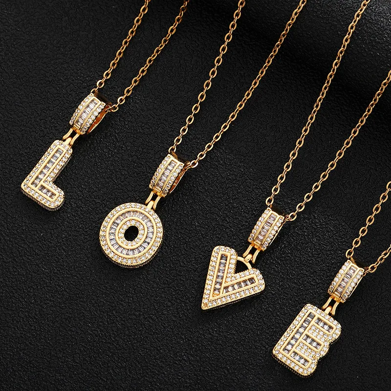 

Hongtong Hip Hop Trendy Necklaces Inlaid Rhinestone Gold Plated Diamond Copper 26 Letter A-Z Initial Necklace, Picture