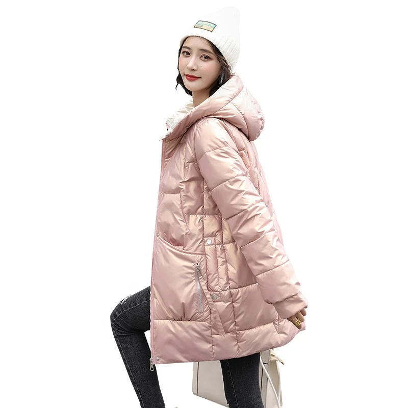 

Made New Design Ladies Casual Warm Padding Shining Shell Jacket With Hood Winter European Style Women Long Puffer Jacket