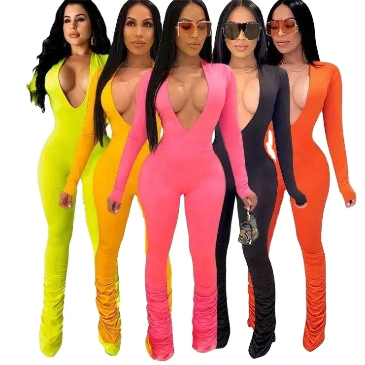 

GC-2072323 2020 ladies deep v neck stacked Bodycon Women Jump Suit sexyOne Piece Custom Fitness Jumpsuits And Rompers For Woman