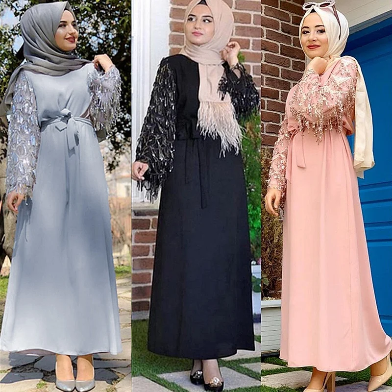 

New Style Dubai Muslim Hijab Dress Abayas Kaftan Caftan Islamic Clothing Turkish Muslim Dresses Sequin Tassel Abayas For Women, As pics show