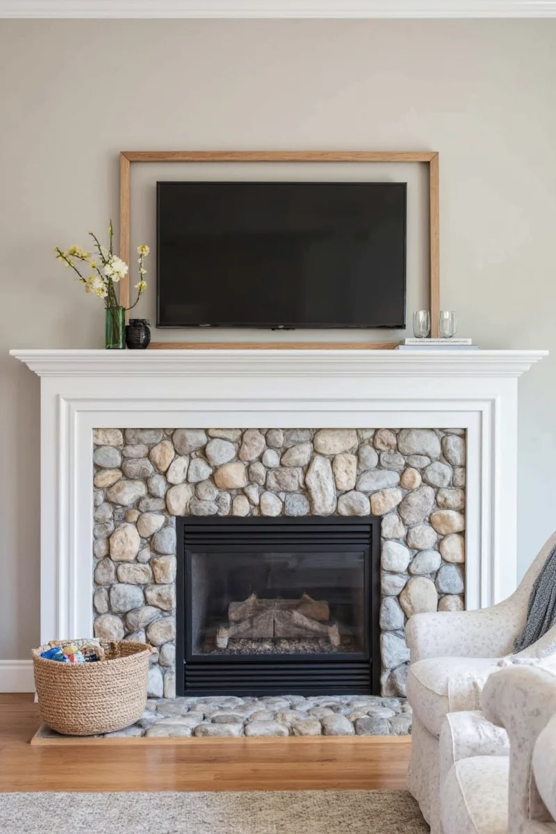 Rustic stone fireplace with industrial-style TV
