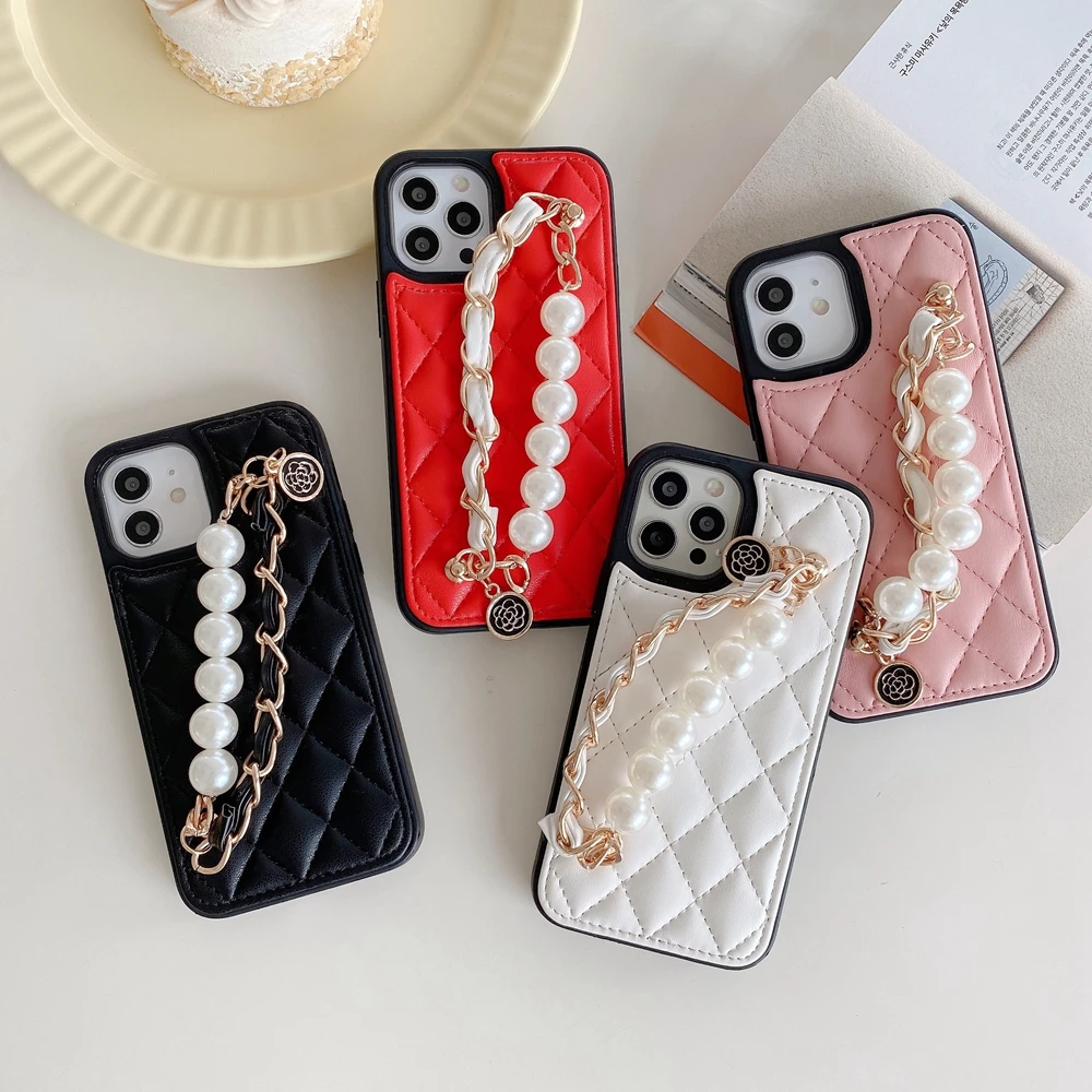 

Anti-shock Colorful Leather Girly Lovely Phone Case For iPhone 7- 12 Pro Max With Pearl Wrist Strap Lanyard