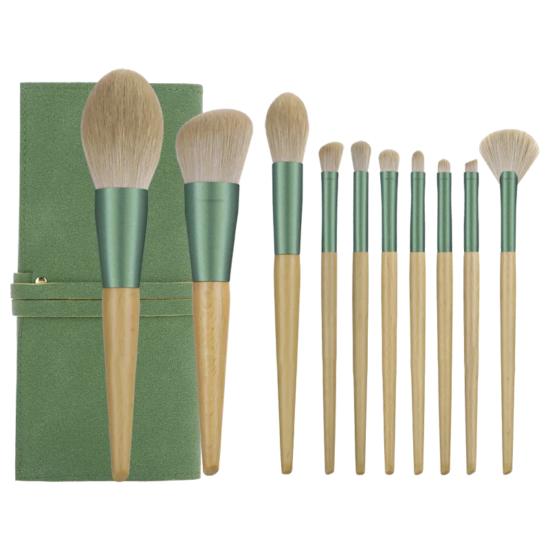 

HMU Synthetic Hair 10 Piece Green Vegan Synthetic Hair Makeup Brush Wood Handle Face Brush Professionnel Green Makeup Brush