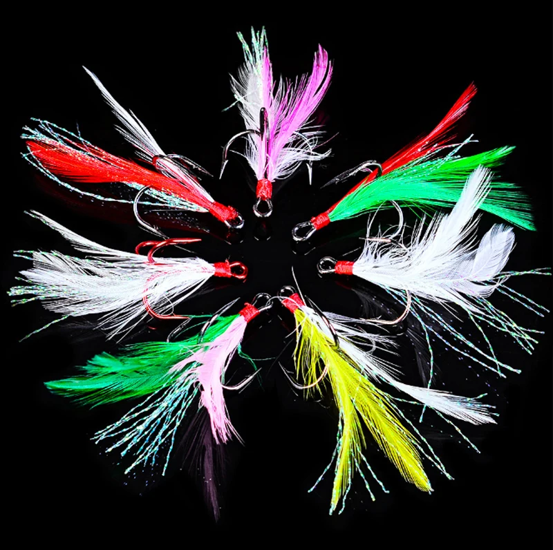 

20pcs/box Wholesale Fishing Lure Parts 2/4/6/8/10# Black Lure Hook Treble Fishing Hook With Feather