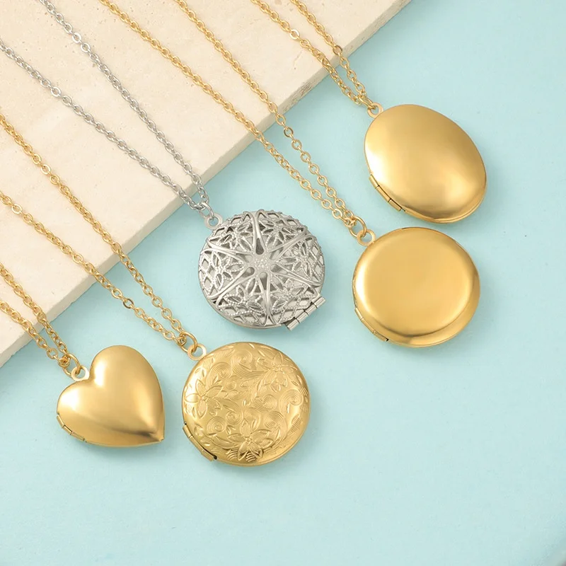 Aimgal Trendy Geometric Unisex Fashion Jewelry Stainless Steel Mirror Pendant Necklace Openable Photo Frame 18K Gold Plated DIY