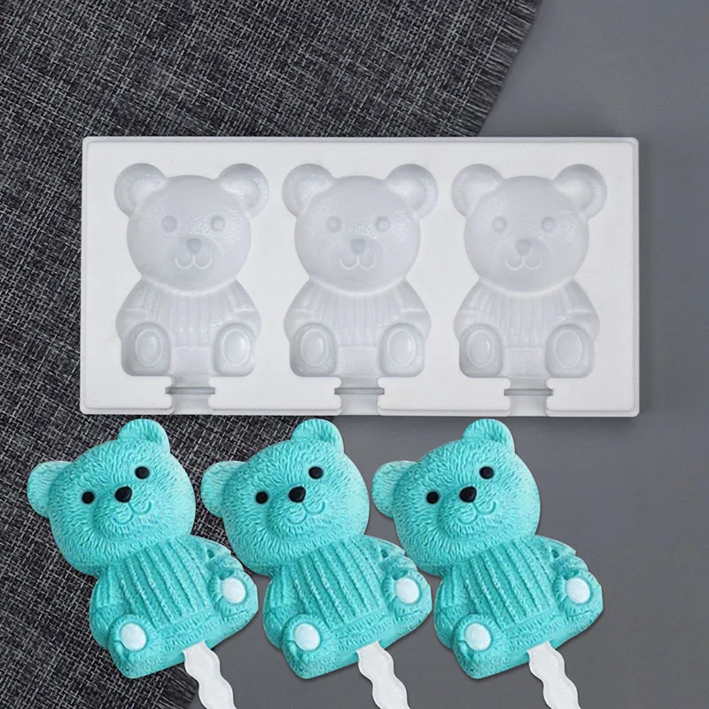 

3-Cavity Silicone Bear in sweater Ice Cream Molds Popsicle Ice Cream DIY Mold Nonstick Reusable