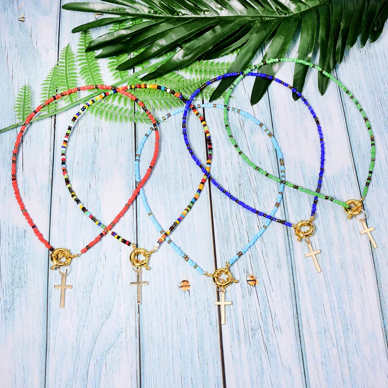 

40cm Cross Pendant Statement Necklace for Women Fashion Colorful Seed Beads Choker Collier Femme Jewelry