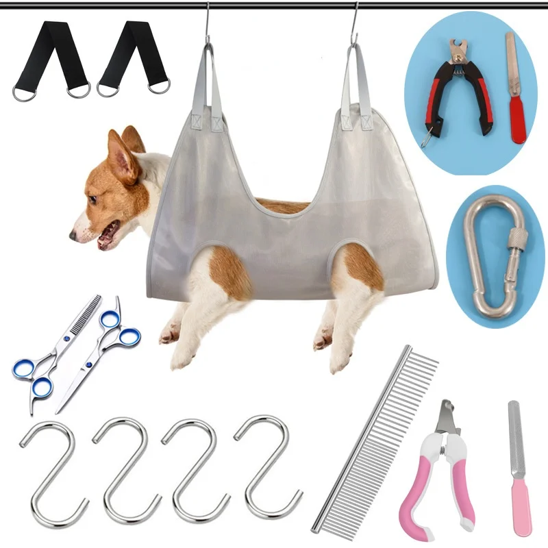 

Wholesale pet dog grooming hammock nail scissors comb dog grooming set Dog Cat Nail Clip Trimming Bathing Bag