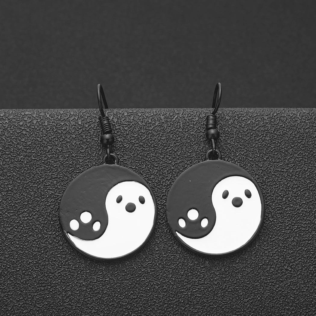 

Halloween Yin Yang Ghost Dangle Earrings - Enamel Charms on Black Brass Hooks