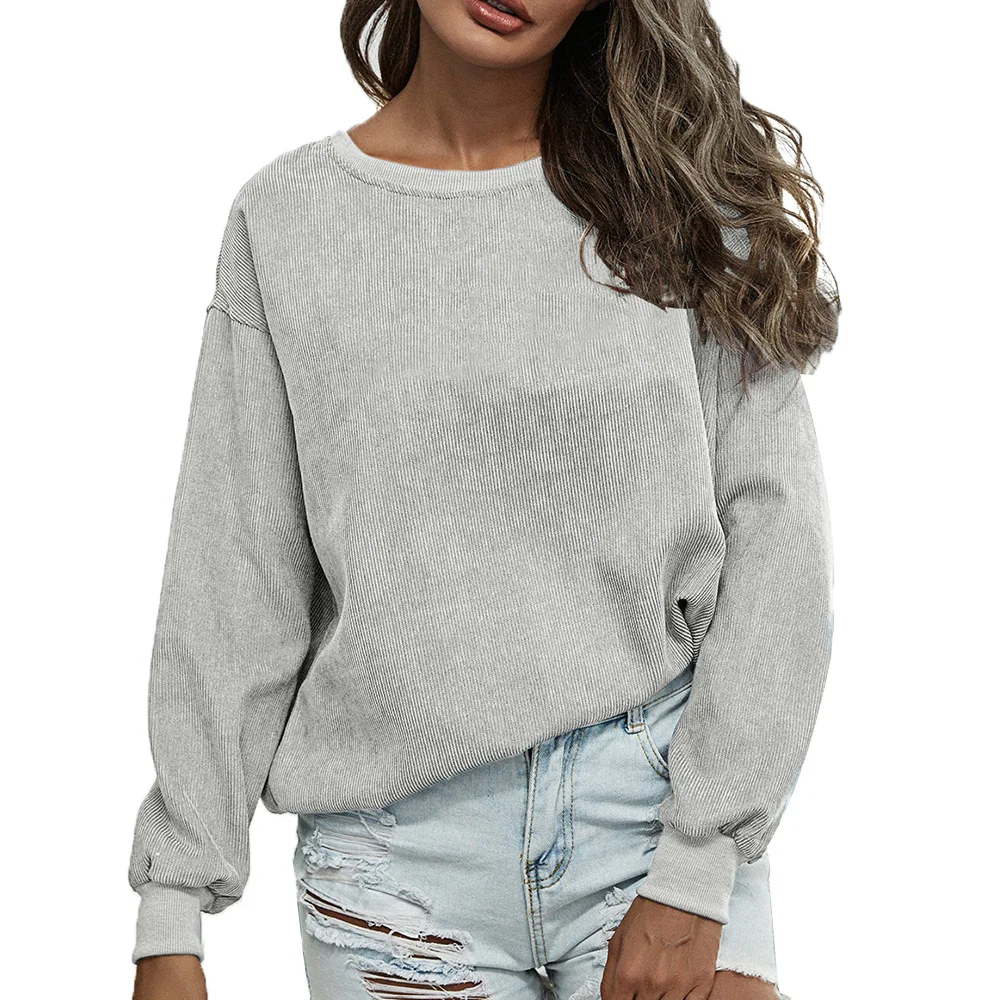 

Custom Plus Size Sweatshirt Women Long Sleeve Crew Neck Pullover Ribbed Sweatshirt