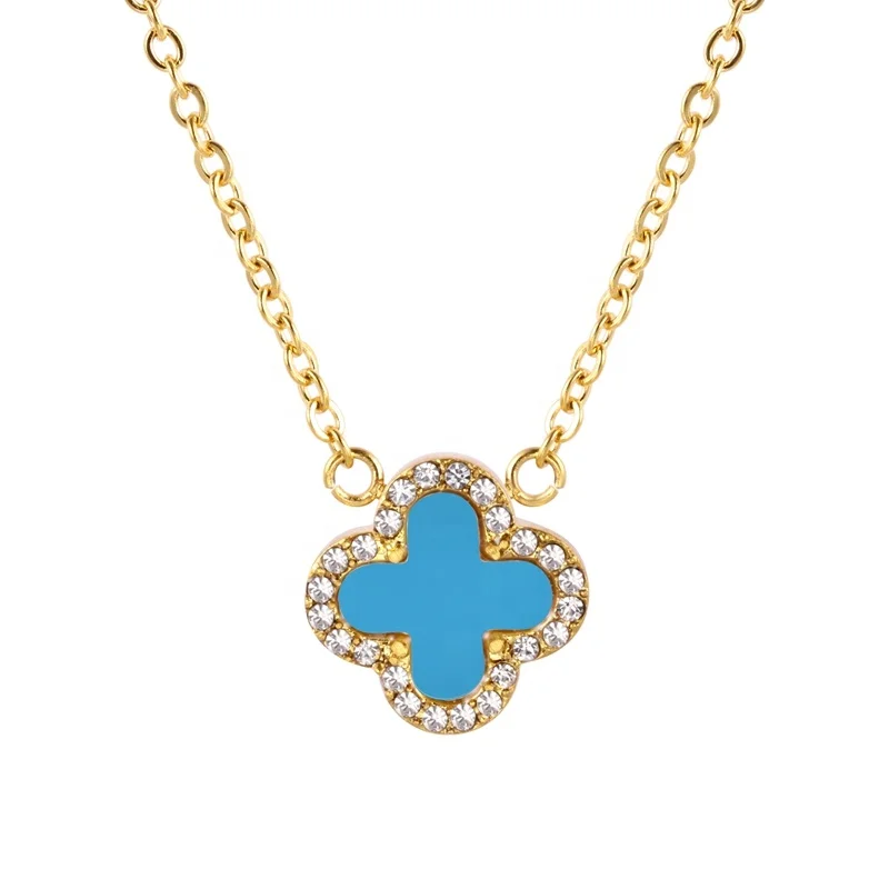 

Wholesale custom fashion jewelry stainless steel crystal turquoise four leaf clover pendant necklace for women, All common color are available