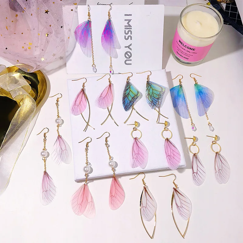 

Korean retro art temperament hand-made earrings pearl earrings tulle butterfly wings ear hook earring, Picture shows