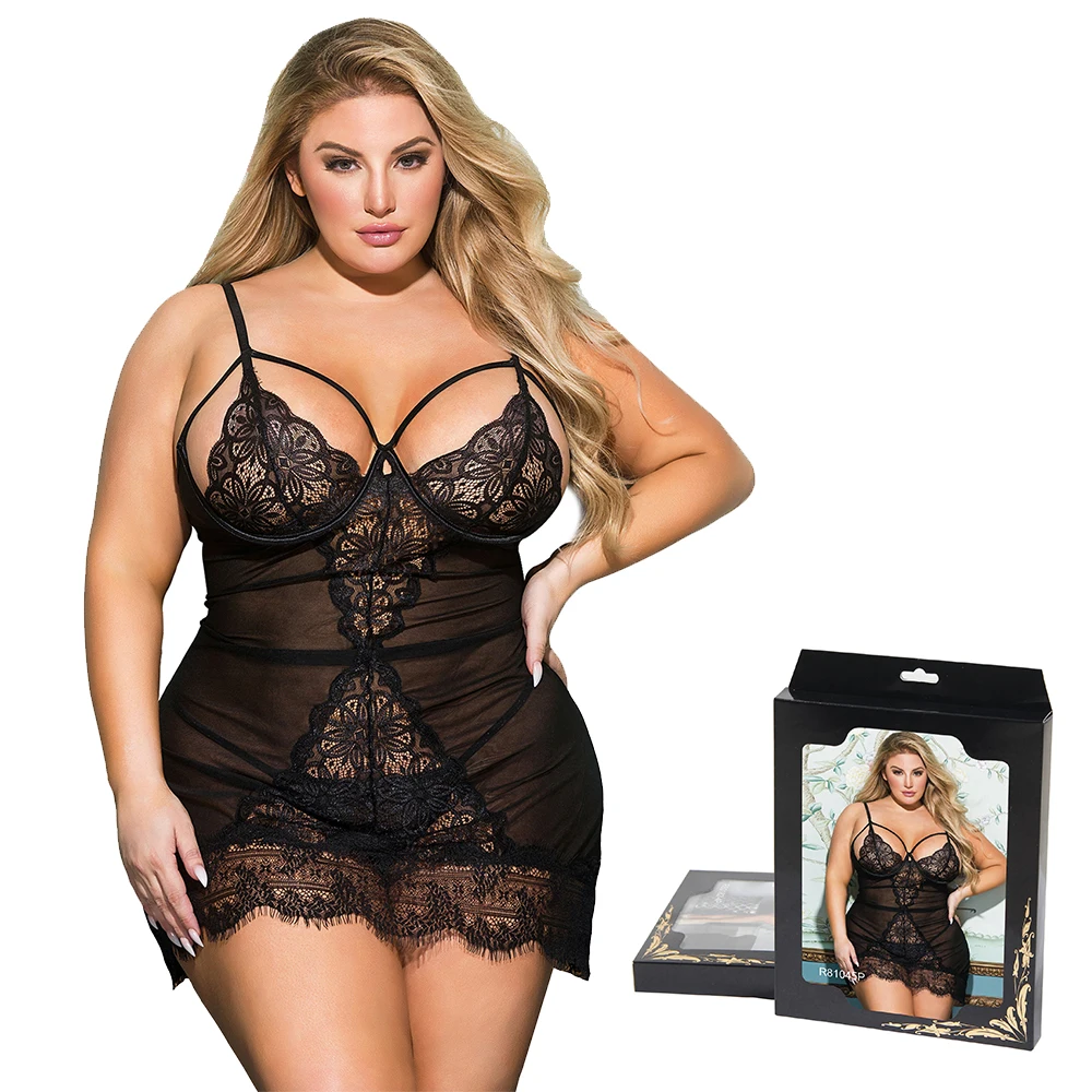 

Soft eyelash lace sheer babydoll set plus size see through night wear sexy women's black lingerie dress