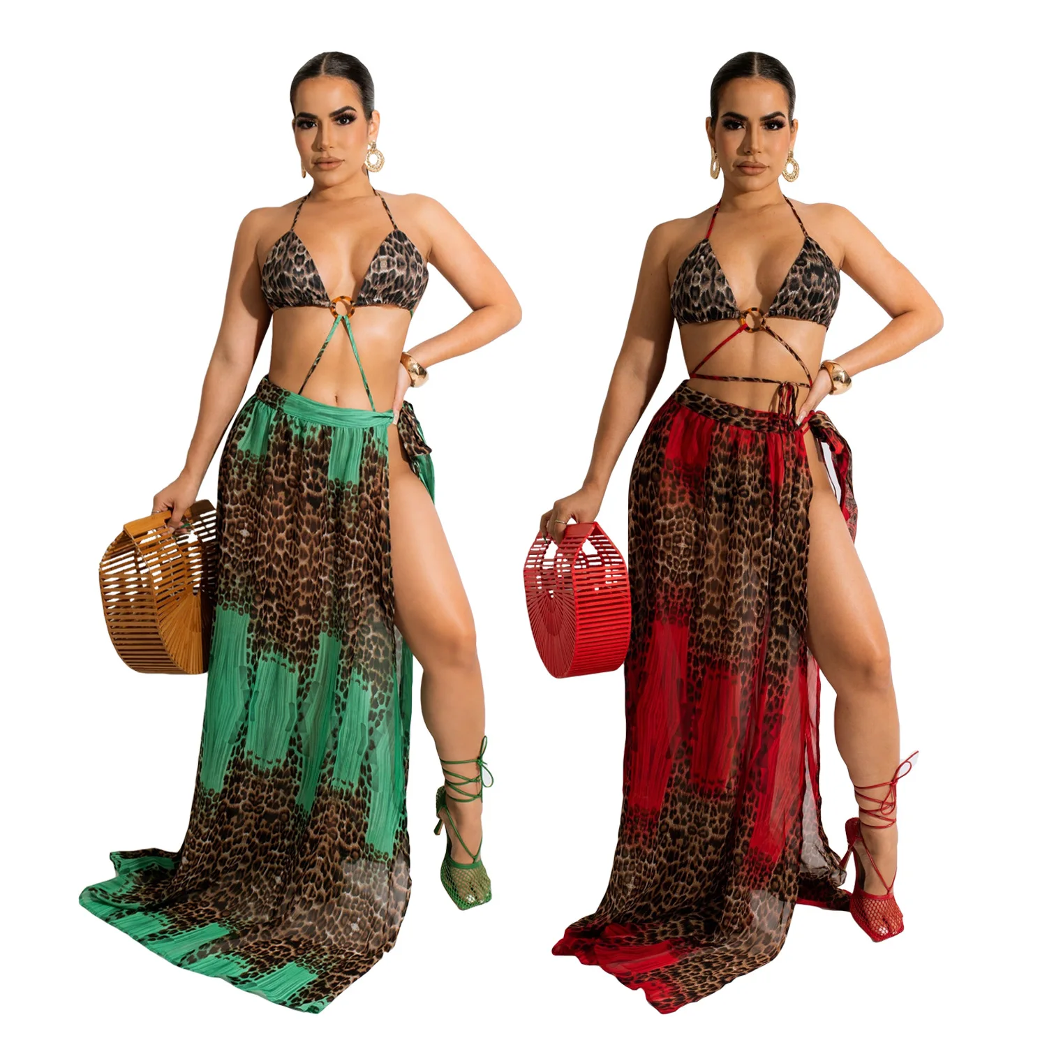 

2022 New Arrivals Fashion Women Sexy Leopard Bikini Drawstring Skirt 2 Piece Set Swimwear Beachwear, Picture show