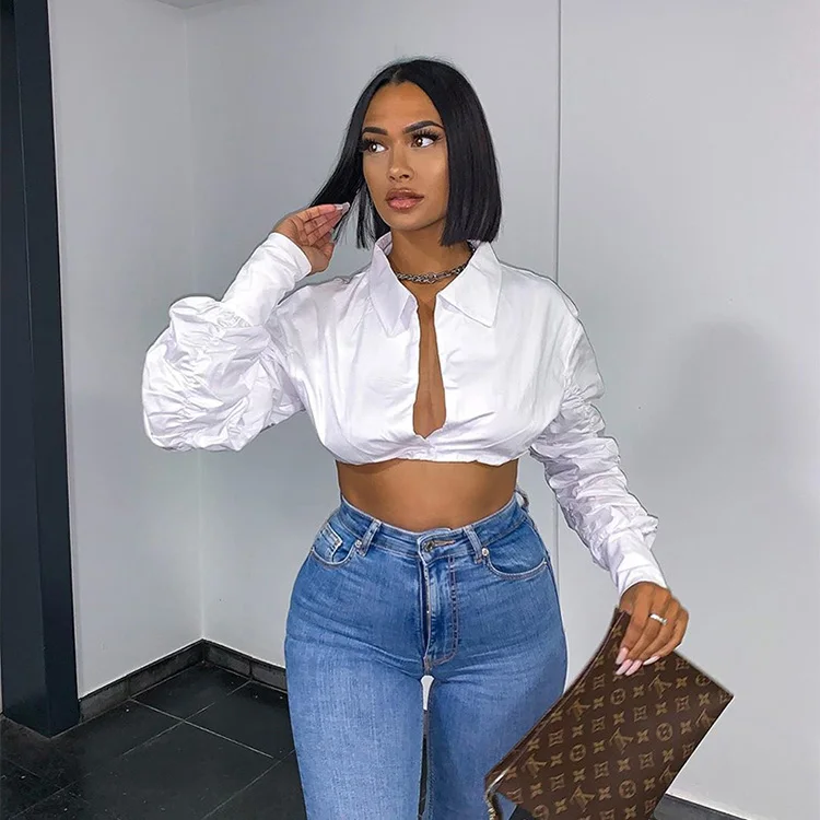 

Adorable Sexy Fashion White Ruched Long Puff Sleeve V Neck Ropped Ladies Blouse For Woman Crop Shirts Women Tops And Blouses -PT