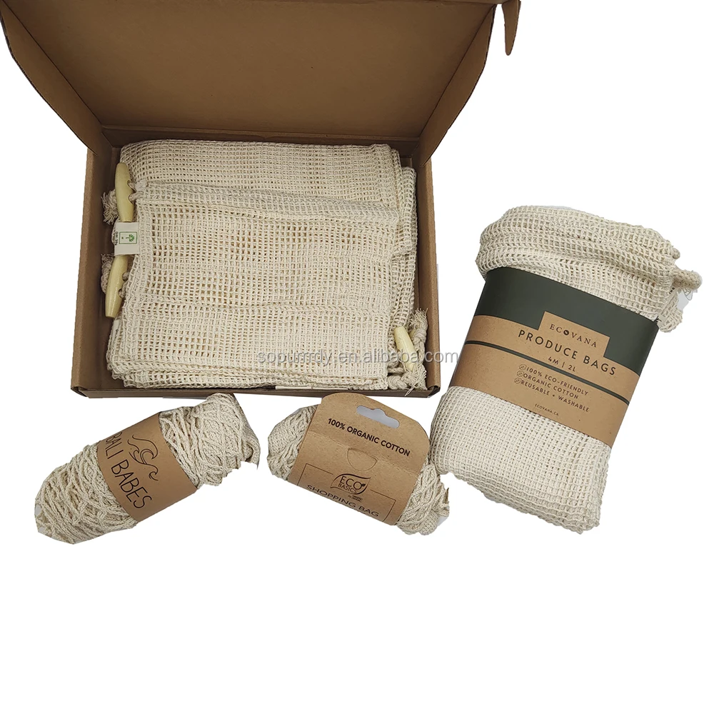 

Sopurrrdy Zero Waste Reusable fruit vegetable organic cotton mesh bags for supermarket, White color