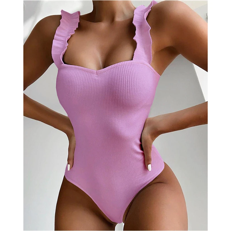 

Hot Sale 2021 New Sexy Female Swimsuit Vintage One Piece Ruffled Push Up Solid Red Swimwear Women Monokini Padded Bathing Suits