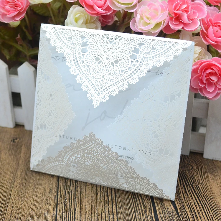 Elegant lace pocketfold wedding invitation card laser cut