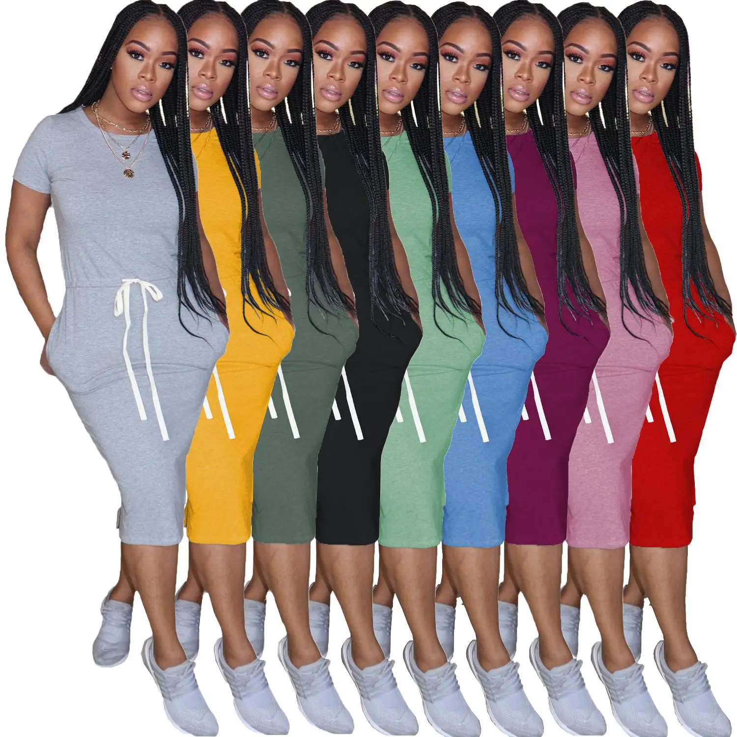 

Wholesale Clothes Summer Women's Dress Casual Solid Color Round Neck Short Sleeve Outer Wear 20200425092