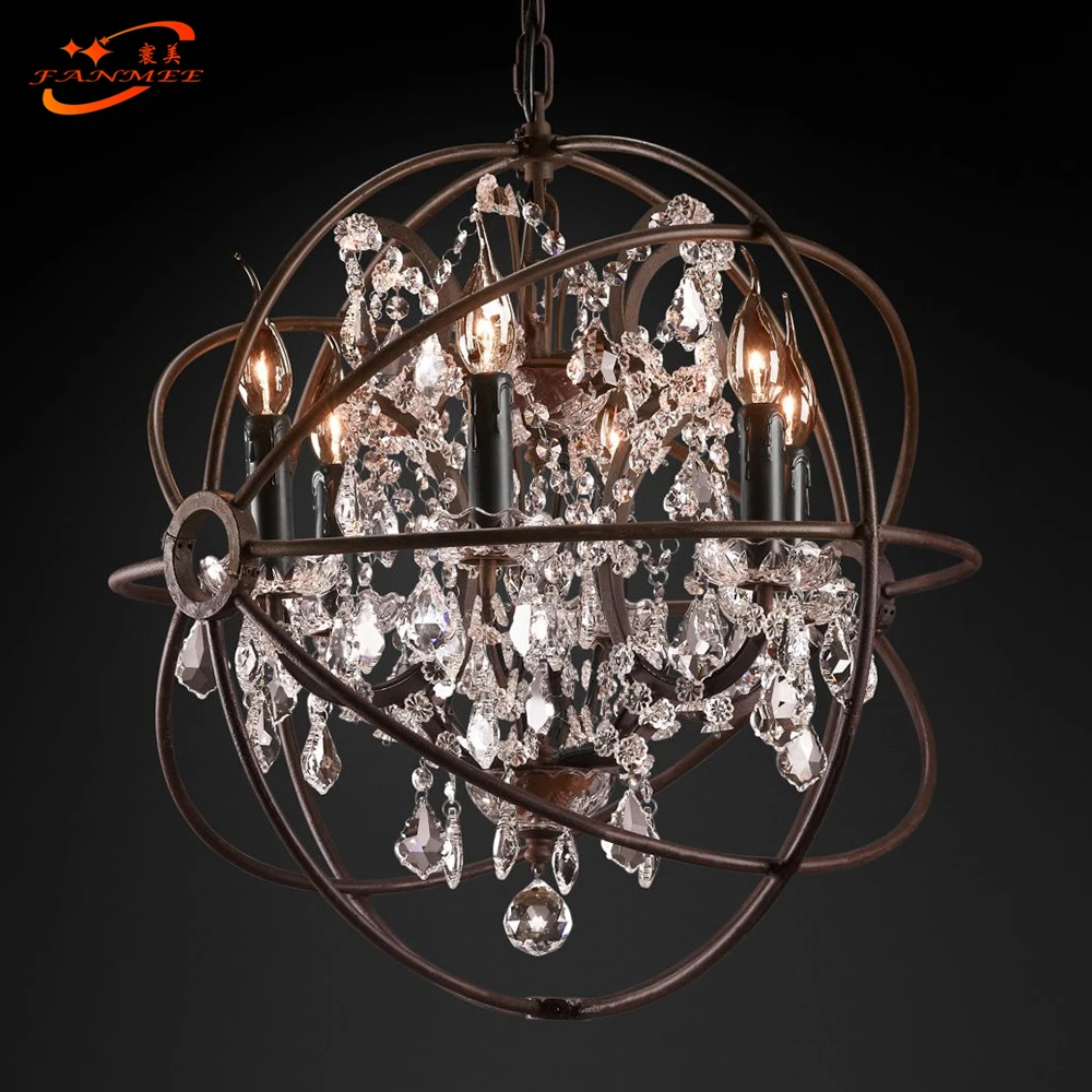 Foucault's Orb Clear K9 Crystal Chandelier Rustic Iron Globe Ceiling Lamp New 