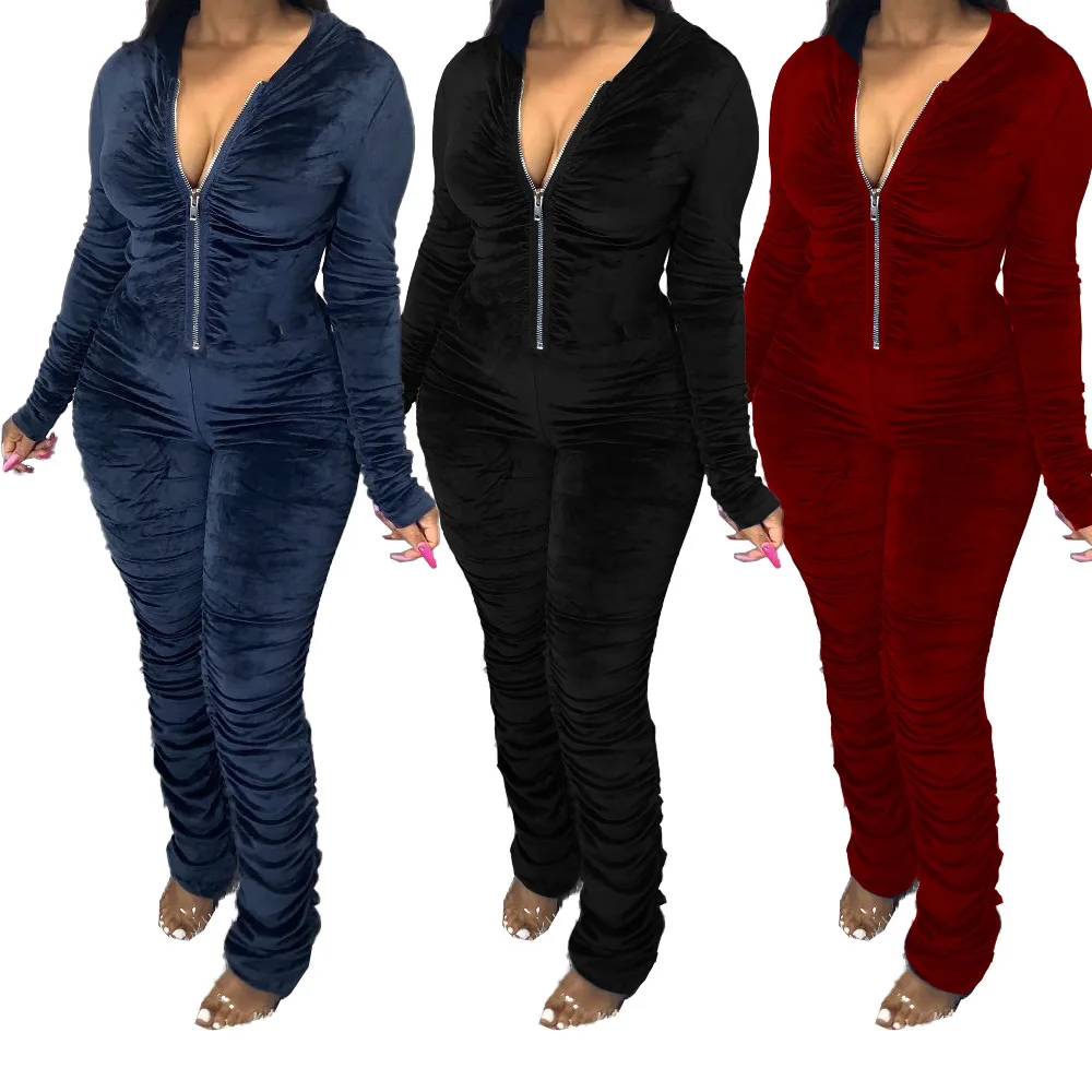 

Wholesales Winter Zipper Velvet Stacked Jumpsuit, White/pink/red/green/black/blue/orange