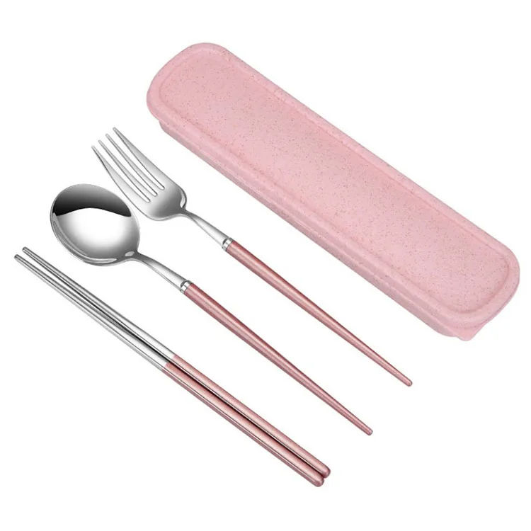 Portable Cutlery Set Travel Cutlery stainless steel Spoon Chopsticks Fork and Wheat Box